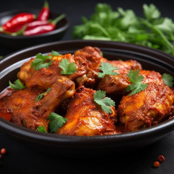 Indian chicken curry with cilantro in a black bowl, with red chilies and herbs in the background.