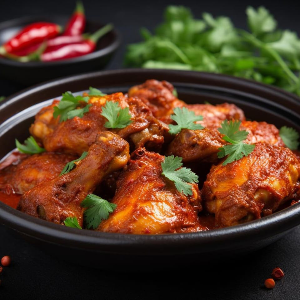 Indian chicken curry with cilantro in a black bowl, with red chilies and herbs in the background.