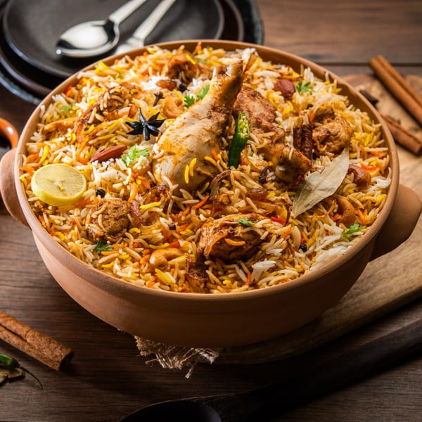A large clay pot filled with chicken biryani, garnished with lemon, spices, and herbs.