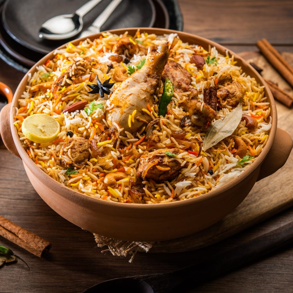 A large clay pot filled with chicken biryani, garnished with lemon, spices, and herbs.