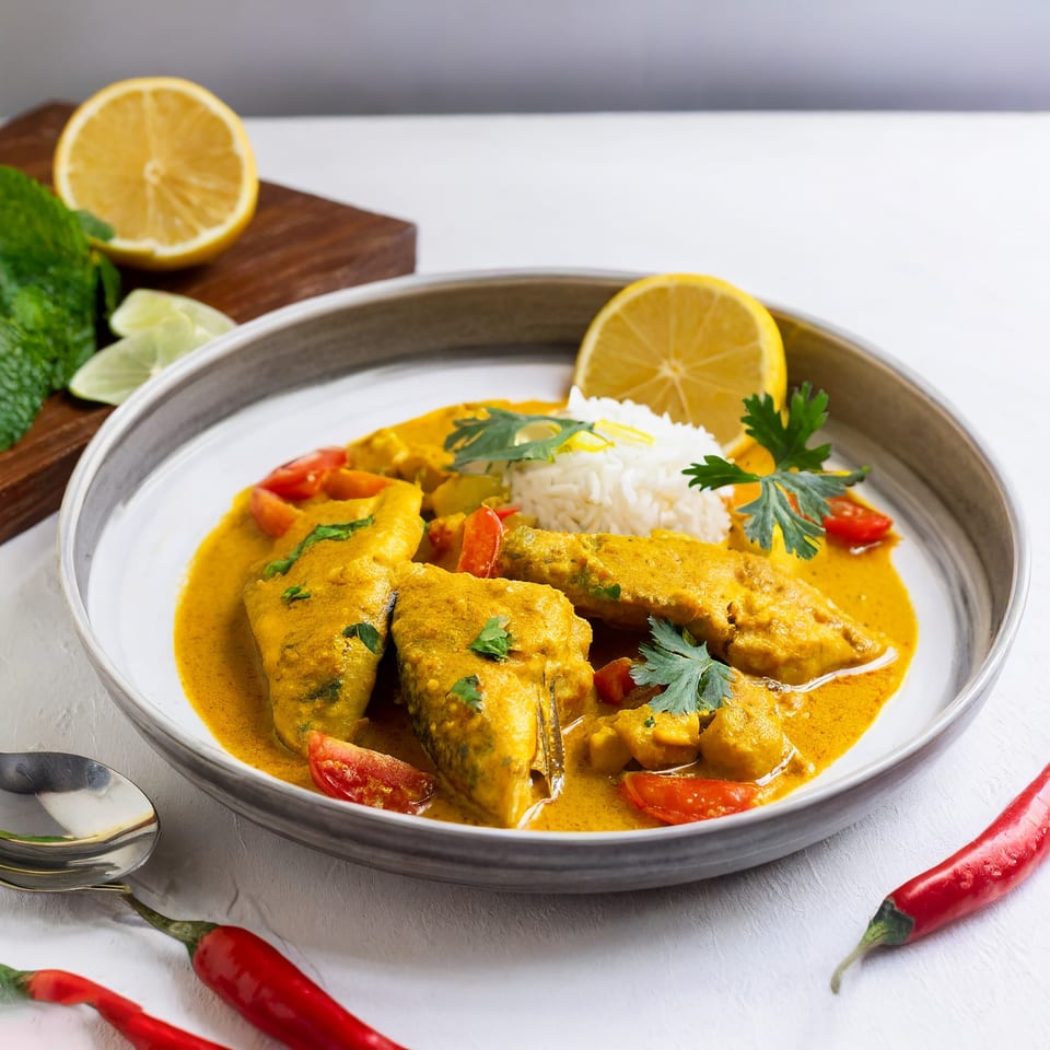 Indian fish curry with rice, tomatoes, and cilantro, garnished with lemon and red chilies.