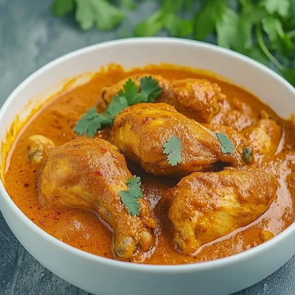 A white bowl filled with Indian chicken curry, garnished with fresh cilantro.
