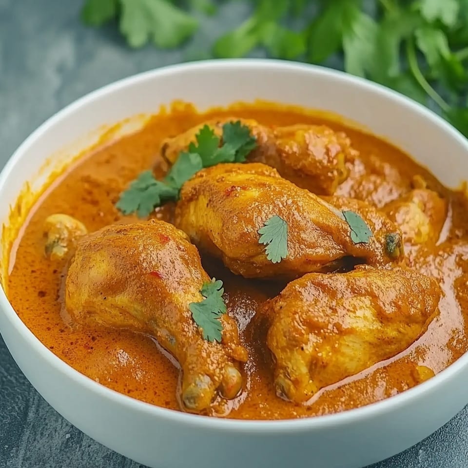 A white bowl filled with Indian chicken curry, garnished with fresh cilantro.